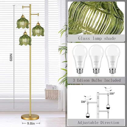 Glass Floor Lamp for Living Room,Bedroom,Gold Mid Century Modern Standing Lamp Brass Tree 3 Light Tall Floor Lamps Vintage Retro Floor Lights Green Flower Lamp Shade Farmhouse Boho Bohemian