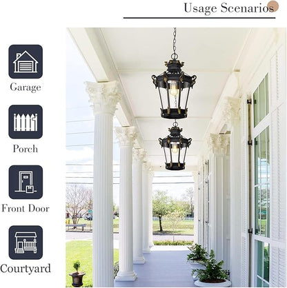 Emliviar Vintage Outdoor Pendant Light, 20 Inch Large Exterior Hanging Porch Light with Clear Glass, Die-Cast Aluminum in Black Finish, XE267H BG