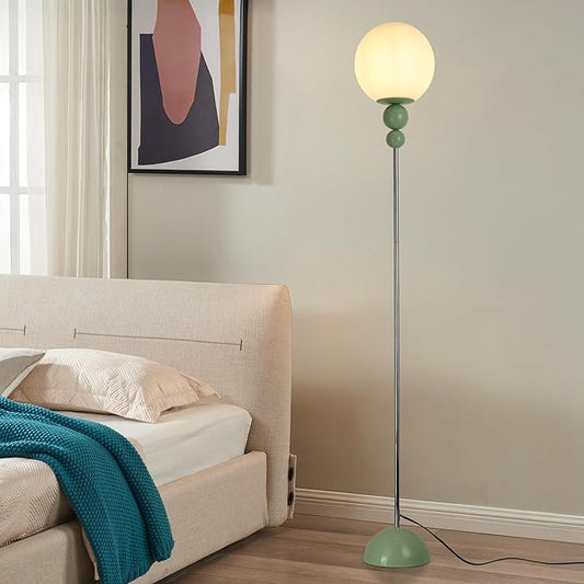 Modern Glass Floor Lamp for Bedroom, 63'' Vintage Mid-Century Floor Lamp with Milky White Frosted Glass Globe Shade for Living Room Corner, Slim Standing Reading Lamp for Office Decor (Pastel Green)