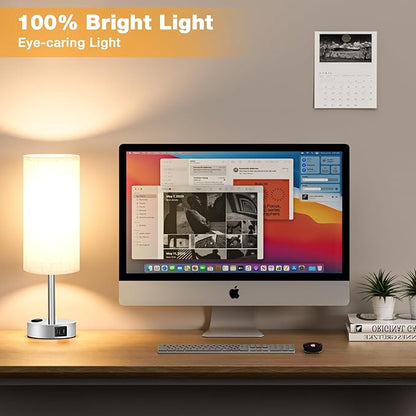 Light Beige Touch Nightstand Lamps Set of 2-3 Way Dimmable Bedside Table Lamps for Bedroom with USB C and A Ports, Small Desk Lamps with AC Outlet for Kids Dorm Nursery
