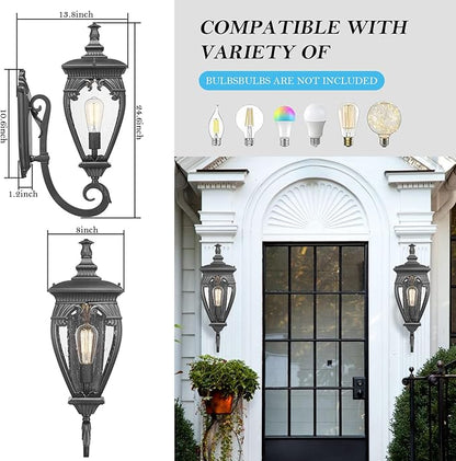Large Outdoor Wall Lights Exterior Lighting Fixtures, 24.6 Inch Waterproof Large Outdoor Lanterns for Porch Light Fixture, Black Exterior Sconce Light for Outside House Garage Patio