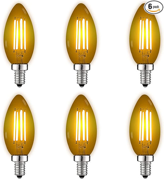 Luxrite E12 LED Filament Yellow Light Bulbs, 4.5W (40W Equivalent), Colored Glass Candelabra Bulb, UL Listed, E12 Base, Indoor Outdoor, Porch, Decoration, Party, Holiday, Event, Home Lighting (6 Pack)