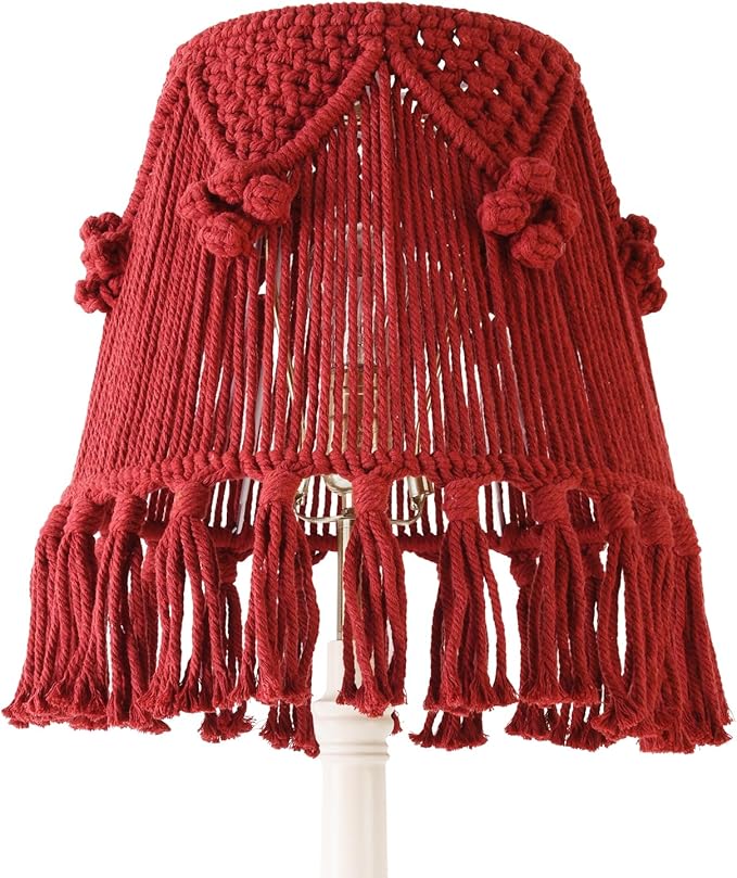 Wine Red Boho Woven Lamp Shade Bell Tassels Lampshade 7.5``Top x 12``Bottom x 11``High(Spider) Medium Handmade Lamp Shades for Table & Bedside Lamp - Easy Assemble