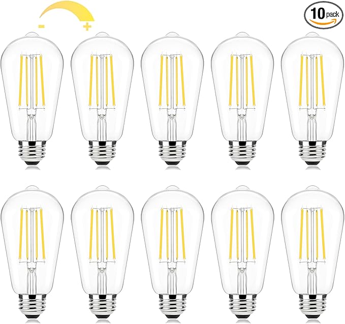 Brightever Edison Light Bulbs 60W Equivalent, Dimmable LED Bulb, 7W, 850LM E26 Vintage Light Bulbs 2700K Warm White, 90+CRI, ST58 Clear Glass Antique Filament LED Bulb for Home, 10 Pack