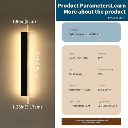 Outdoor Modern Wall Lights, 31.4inch Exterior Wall Sconces, 3 Color Lights 3000K/4500K/6000K, Black Minimalist, IP65 Waterproof, Linear Long Wall Mount Lamps for House, Patio, Garages