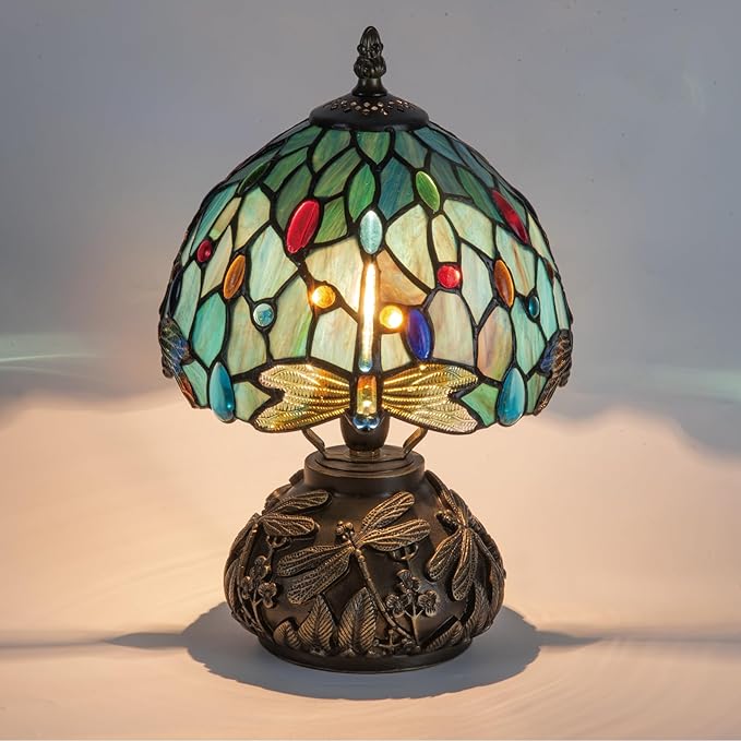 Tiffany Style Stained Glass Mushroom Bedside Table Lamp 8-inch Green Blue Dragonfly Beautiful Shade Nightstand Light for Bedroom Dorm Living Hallway Coffee Table Home Office Housewarming Gift