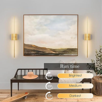 Battery Operated Wall Sconces with Remote Control, Dimmable Wall Sconces Set of Two, 350°Rotate, 3000K LED Gold Wireless Wall Light for Living Room, Hallway, Bedroom, 40.1 Inch (2 Pack)