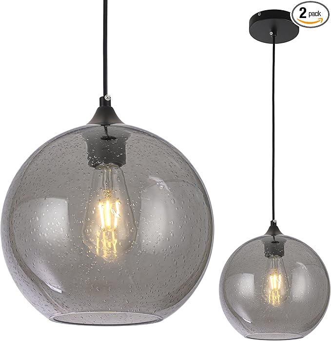 Grey Glass Pendant Lights Kitchen Island Lighting Modern Globe Pendant Light Fixtures Modern Pendant Lights for Kitchen Island Bedroom Living Dining Room Light Fixture-9.8inch,2Pack