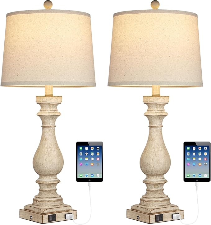 29" Farmhouse Table Lamp for Living Room Set of 2,Vintage Bedside Lamps with USB C+A Ports & AC Outlet,3-Way Dimmable Touch Control White Washed Finish Nightstand Lamp for Bedroom,Beige