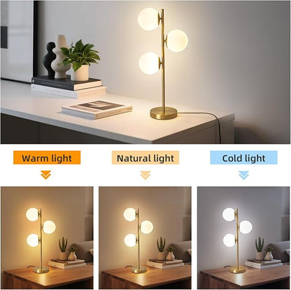 Mid-Century Modern 3 Globe Table Lamp with White Glass Shades - Gold LED Nightstand Light for Bedroom & Office