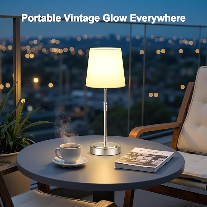 Cordless Table Lamps Set of 2 – Battery Operated Lamp with 7500mAh Rechargeable Battery, Stepless Dimmable Vintage Brushed Nickel Touch Desk Lamps for Dining Room, Nightstand & Patio (Bulbs Included)