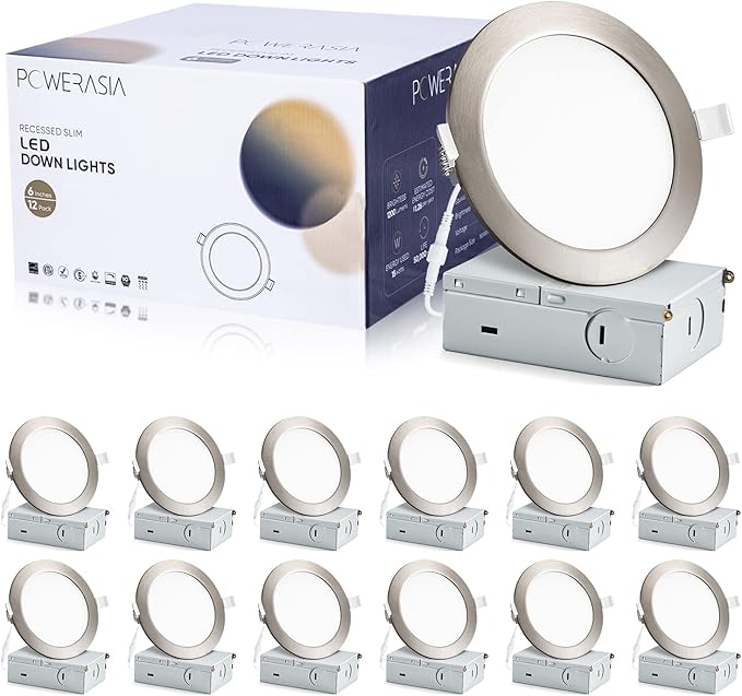 12 Pack Recessed Lighting 6 Inch with Junction Box, 5CCT 6 Inch Brushed Nickel LED Recessed Lights Dimmable 2700K-6000K, 15W 1200lm Ultra Thin Recessed Lighting - ETL and Energy Star Certified