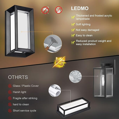 ledmo Outdoor Wall Light 1800Lm Modern Outdoor Porch Light 3000K Bright Lighting Black Exterior Lighting Fixture Waterproof Christmas Fixture for House,Patio,Garage,Backyard,Hallway（2 Pack