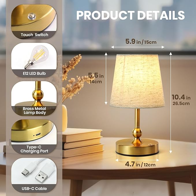 Cordless LED Table Lamp with Dimmer - 5200mAh Rechargeable Battery Operated Lamp Included 2700K Bulb, Gold Portable Stepless Touch Night Light for Bedroom Patio Home (Beige Fabric Shade)