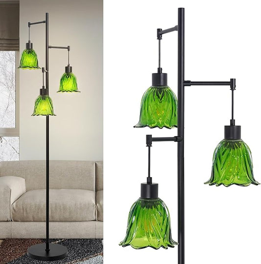 Mid-Century Modern Floor Lamp with Green Flower Glass Shade - Vintage Brass Tree Standing Light for Living Room, Bedroom, Reading Book - Farmhouse, Bohemian, Boho Chic Home Decor