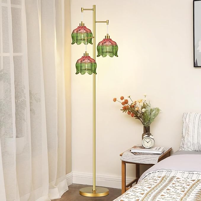 Glass Gold Floor Lamp for Living Room,Bedroom,Mid Century Modern Standing Lamp Brass Tree 3 Light Tall Floor Lamps Vintage Retro Floor Lights Green Flower Lamp Shade Farmhouse Boho Bohemian