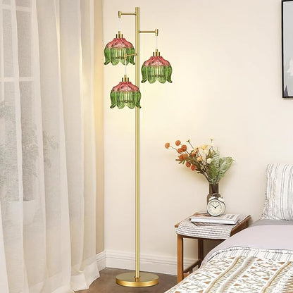 Glass Gold Floor Lamp for Living Room,Bedroom,Mid Century Modern Standing Lamp Brass Tree 3 Light Tall Floor Lamps Vintage Retro Floor Lights Green Flower Lamp Shade Farmhouse Boho Bohemian