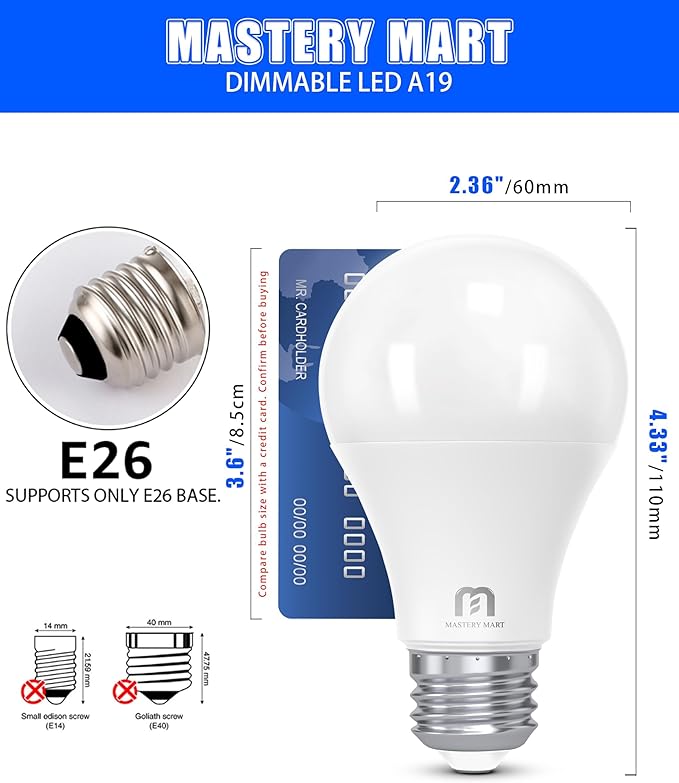 MASTERY MART Led Light Bulbs 9.5 Watt [60 Watt Equivalent], A19 - E26 Dimmable, 5000K Daylight White, 800 Lumens, Medium Screw Base, Energy Star, UL Listed (Pack of 10)