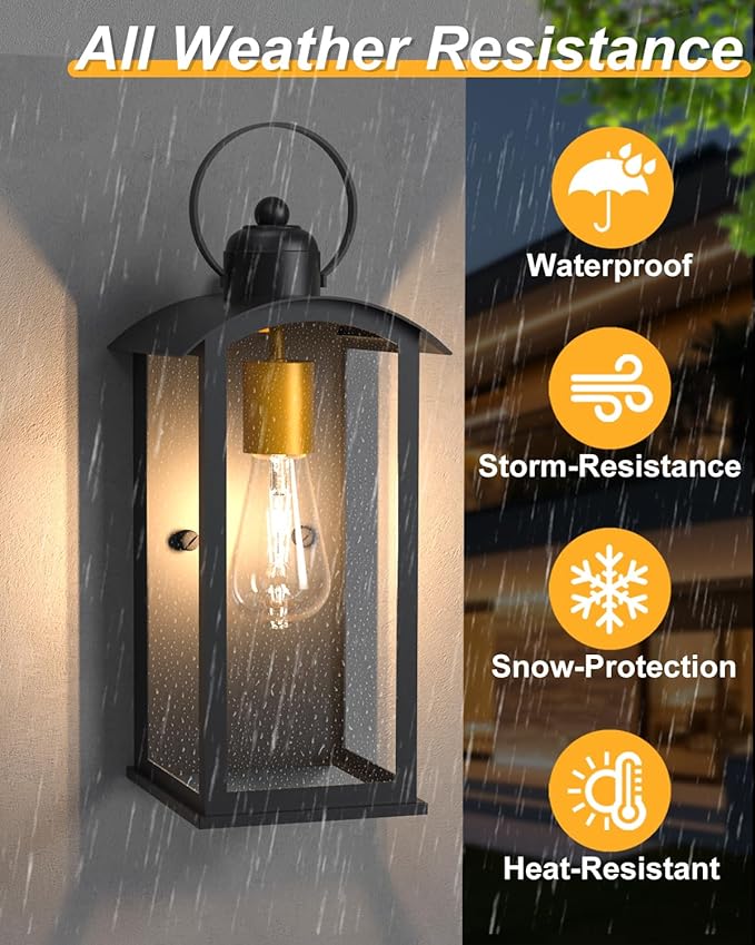 Dusk to Dawn Outdoor Wall Light Fixtures, 15inch Waterproof Patio Lanterns, Exterior Wall Mount Lantern Sconce with Glass, Black Wall Sconces for House Garage Front Door