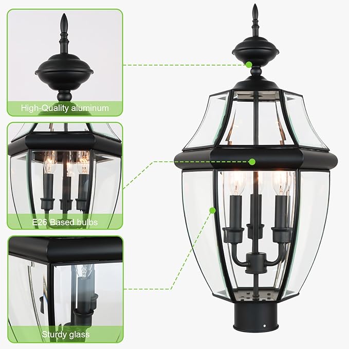Kalium Outdoor Post Lights, 3 Light Lamp Post Light Fixture Hardwired with Clear Beveled Glass, 23" Large Waterproof Lamp Pillar Fixtures for Yard Pathway Porch Patio 60W Matte Black