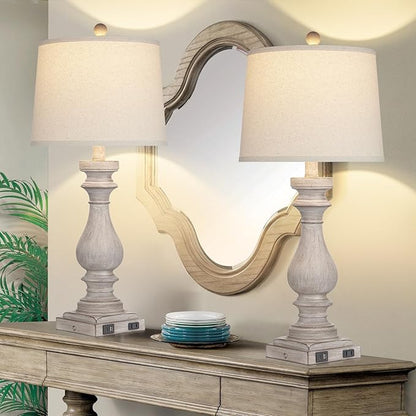 29" Farmhouse Table Lamp for Living Room Set of 2,Vintage Bedside Lamps with USB C+A Ports & AC Outlet,3-Way Dimmable Touch Control Gray Washed Finish Nightstand for Bedroom,Gray
