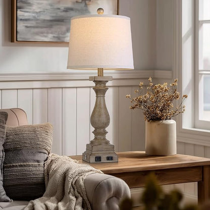 28" Tall Farmhouse Table Lamp with USB C+A Ports and AC Outlet, 3 Way Touch Control Rustic Bedside Lamp for Bedroom, Brown Vintage Nightstand Lamp for Living Room Office