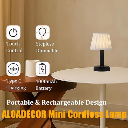 11 Inch Modern Type-C Rechargeable Cordless LED Table Lamp Industrial Dimmable Touch Mini Desk Lamp in Matte Black with Fabric Shade for Bedroom Living Room