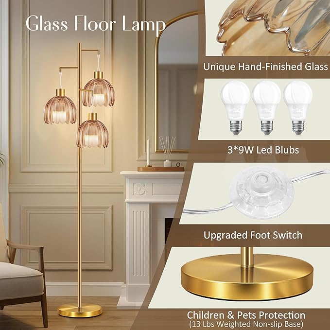 COTTHOS Floor Lamp for Living Room, Modern Standing Lamp Brass Glass Green Tree 3 Light Tall Floor Lamps for Bedroom & 800 Lumens LED Bulbs, Vintage Boho Flower Lamp Shade Farmhouse Boho Bohemian Gold