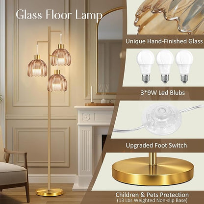 COTTHOS Floor Lamp for Living Room, Modern Standing Lamp Brass Glass Green Tree 3 Light Tall Floor Lamps for Bedroom & 800 Lumens LED Bulbs, Vintage Boho Flower Lamp Shade Farmhouse Boho Bohemian Gold
