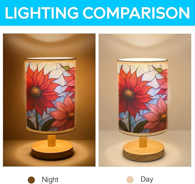 Dahlia Flower Table Lamp LED 3-Color Pressed Bedside, Dahlia Flower Shade Lamp with Wood Base for Bedroom Living Room Desk Office