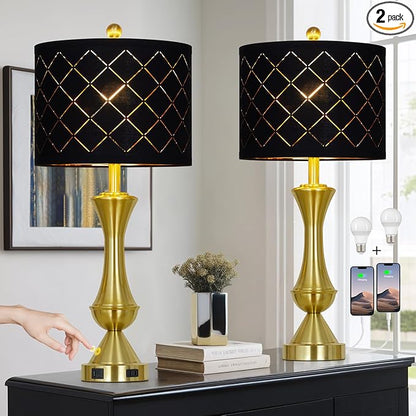 29" Gold Modern Table Lamps Set of 2, 3-Way Dimmable Touch Lamps for Nightstand with USB A+C & Outlets,Brass Lamps for Living Room, Bedroom, Nightstand, Entryway(2 Bulbs Included)