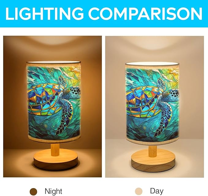 Sea Turtle Table Lamp LED 3-Color Pressed Bedside, Sea Turtle Shade Lamp with Wood Base for Bedroom Living Room Desk Office TL01
