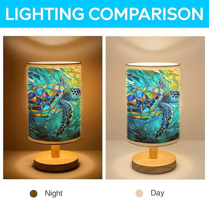 Sea Turtle Table Lamp LED 3-Color Pressed Bedside, Sea Turtle Shade Lamp with Wood Base for Bedroom Living Room Desk Office TL01