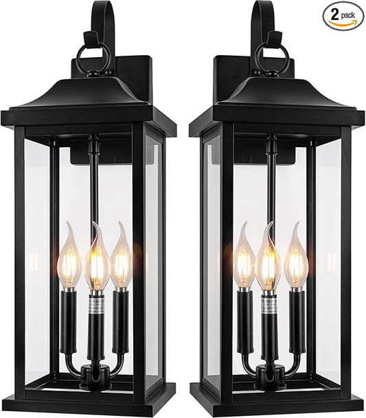 2-Pack 23" Extra Large Outdoor Wall Lights Candelabra 3-Light, IP65 Waterproof Exterior Lights with Clear Glass Front Porch Lanterns Outdoor Wall Sconce Lighting Outside Coach Lights, E12
