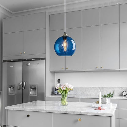 Blue Glass Pendant Lights Kitchen Island Lighting Globe Pendant Light Fixtures Modern Pendant Lighting for Kitchen Island Bedroom Living Dining Room Light Fixture(7.87in, 1-Pack)