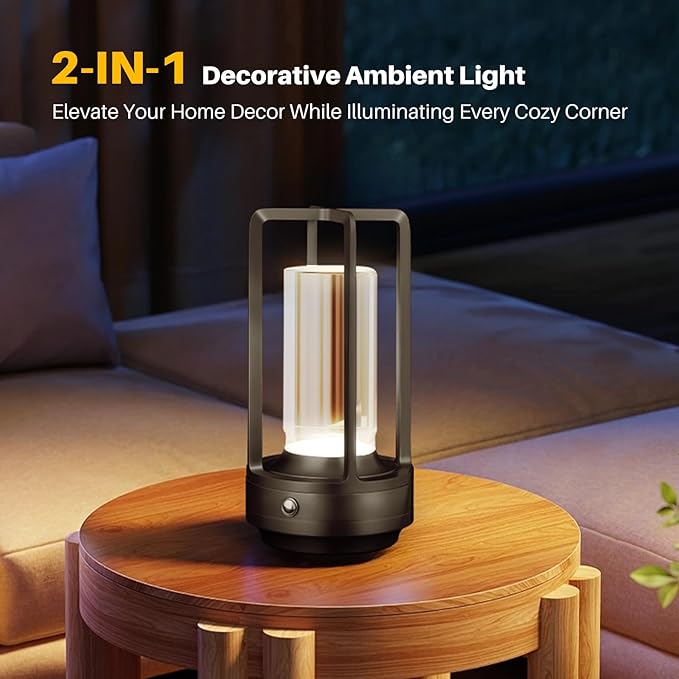 Rechargeable Table Lamp Cordless, 3 Color | Crystal | Stepless Dimming, for Dining Room, Living Room, Bar, Cafe, Restaurant, Patio, Camping, (Black)