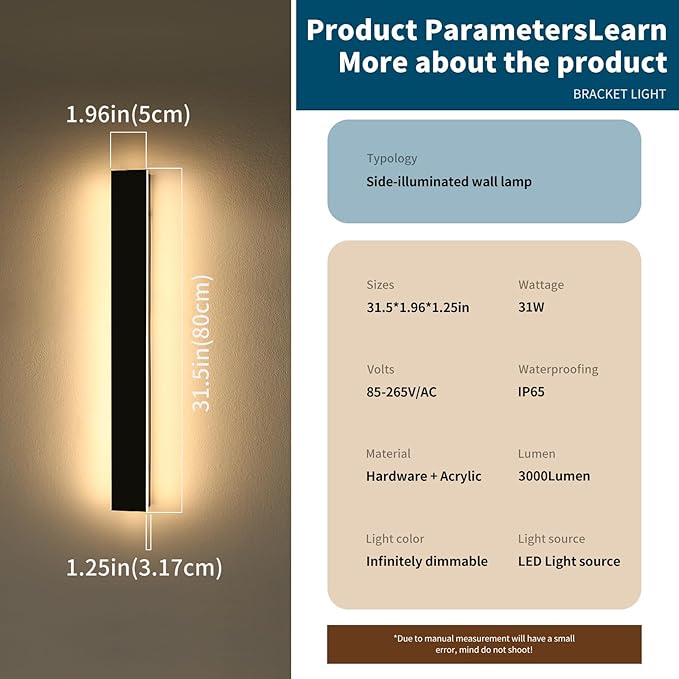 31.4inch Outdoor Wall Lights, Modern Outside Linear Wall Light, Dimmable 3000K-6000K, LED Outdoor Lights, IP65 Waterproof, Black Exterior Wall Sconce for House Doorway Patio Garden with Remote Control