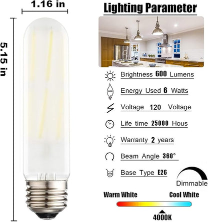 Dimmable T10 Frosted LED Bulbs,6W LED Tubular Edison Bulbs 60 Watt Equivalent,600LM,Daylight 4000K,E26 Medium Base Lamp Bulb for Desk Lamp, Pendant Lights,Cabinet Display Cabinet etc. (6-Pack)
