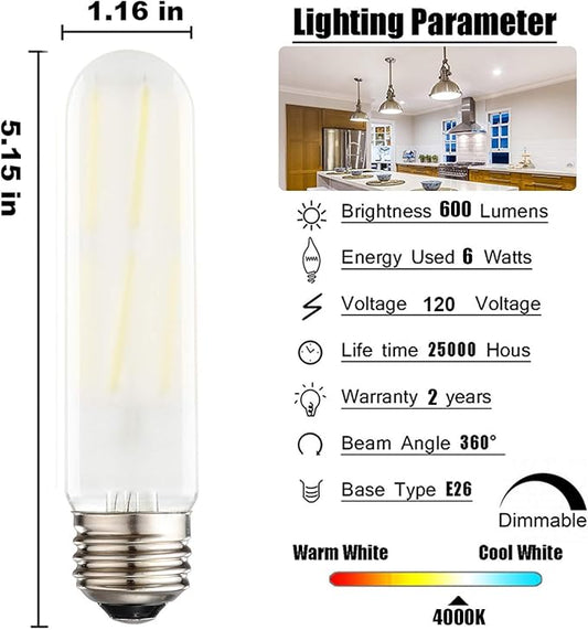 Dimmable T10 Frosted LED Bulbs,6W LED Tubular Edison Bulbs 60 Watt Equivalent,600LM,Daylight 4000K,E26 Medium Base Lamp Bulb for Desk Lamp, Pendant Lights,Cabinet Display Cabinet etc. (6-Pack)