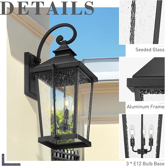 zeyu 27 Inch Outdoor Wall Lamp, 3-Light Large Outdoor Wall Lighting for House Porch, Die-Cast Aluminum in Black Finish, Seeded Glass, ZW105B-L BK
