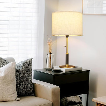 21" Modern Table Lamp Bedside Lamps for Bedroom Living Room Nightstand Lamp for End Tables 3-Color Temperatures Pull Chain Switch Wood Fabric for Home Office Desk Decor (Light Brown+Brass)