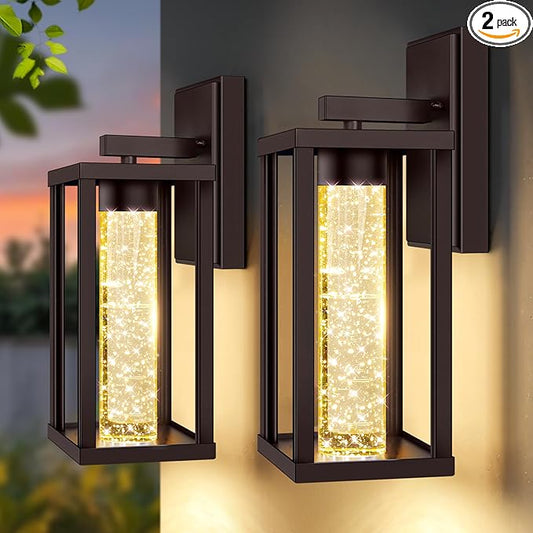 2-Pack Outdoor Wall Lights Fixture, Exterior Waterproof Outdoor Wall Sconces Lantern with Crystal Bubble Glass, Modern Brown Outside Lighting for Porch, House, Patio, Front Door