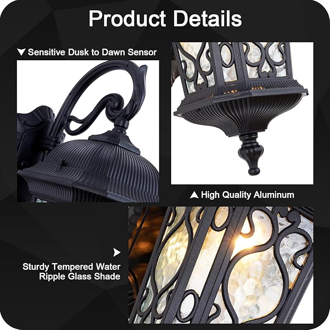 Large Outdoor Wall Light 20.87" H Black Waterproof Outside Wall Sconce Classical European Style Porch Light with Water Glass for Entryways, Yards, Front Porch