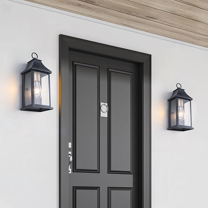 Dusk to Dawn Outdoor Wall Lantern, Modern 15" Outside Wall Sconce, Black Outdoor Light Fixture with Glass, Waterproof Exterior Lamp for House Porch Patio