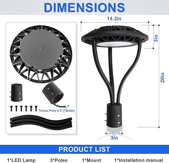 LED Post Top Light with Dusk to Dawn Photocell, 80W-100W-120W-150W Power Tunable, 3000K/4000K/5000K CCT Tunable, Outdoor Post Pole Lights for Garden Pathway Street Lighting, IP65 DLC ETL Listed