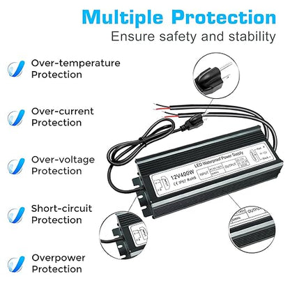 inShareplus 400W 12V Power Supply, AC 90-140V to DC 12 Volt 33.3A LED Driver, IP67 Waterproof Outdoor Low Voltage Transformer with Standard 3-Prong Plug for LED Light and Other 12V Products