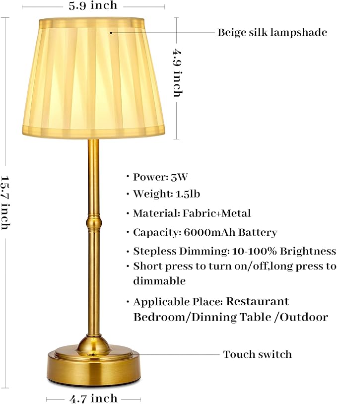 Cordless Battery Operated Table lamp Set of 2, 6000mAh Rechargeable Small Bedside Lamp, Gold Desk Lamp for Living Room Dining Room, Bedroom, Bedside, Balcony