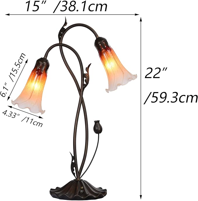 Bieye L10847 Lily Flower Blown Glass Accent Table Lamp for Living Room Bedroom Decoration (2-Light, Pink)