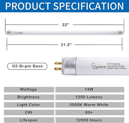 22 Inch F14T5/WW Fluorescent Light Bulb, 3000K Warm White, T5 14 Watts Fluorescent Replacement Bulb for Counter and Cabinet Fixture, G5 Base - 6 Pack