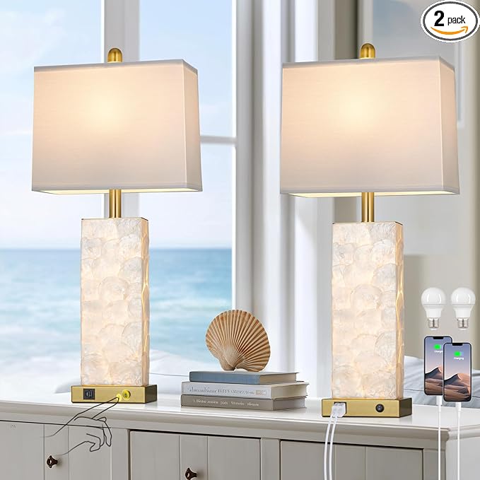 28" Coastal Table Lamps for Living Room Set of 2, Bedside Lamps with Night Light, USB A+C Ports, Modern Sea Shell Bedside Night Stands Light for Beachy Cottage Decor (Gold)